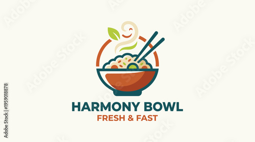 A vibrant logo depicting a bowl of noodles with chopsticks and steam, symbolizing speed and freshness in meal preparation, perfect for a fast-casual dining concept.