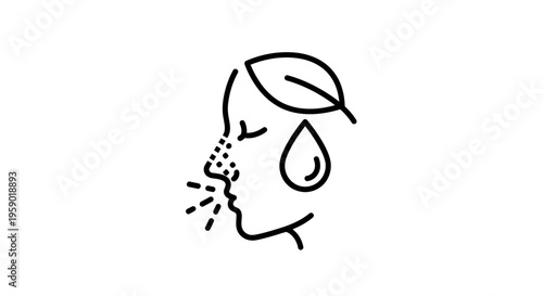 Allergy Symptoms Icon: Sneezing Face with Pollen and Water Droplet