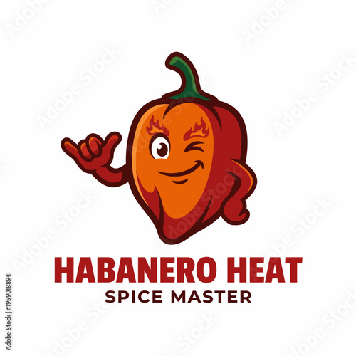 A vibrant logo of a cartoonish habanero pepper character winking and showcasing its fiery personality, representing the essence of heat and flavor in culinary adventures.