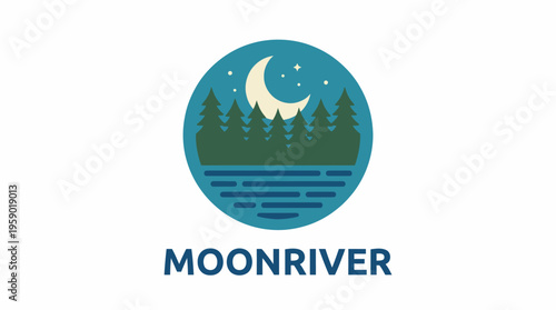 A tranquil logo design that portrays the beauty of nature with a serene moonlit river, trees, and stars, ideal for a brand focused on relaxation and outdoor experiences.