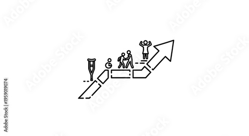 Concept of recovery and growth: from crutches to success, symbolizing progress and achievement