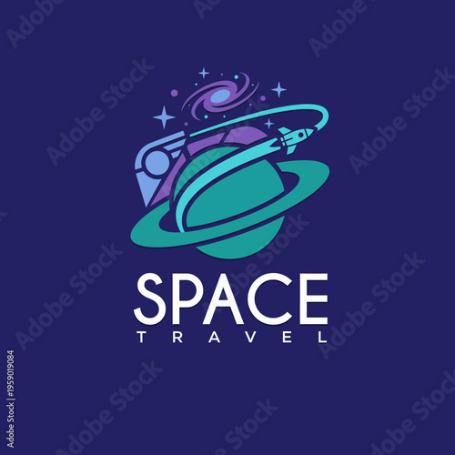 An imaginative logo that captures the essence of space travel, featuring a planet with rings and a rocket, evoking curiosity and the exploration of the unknown universe.