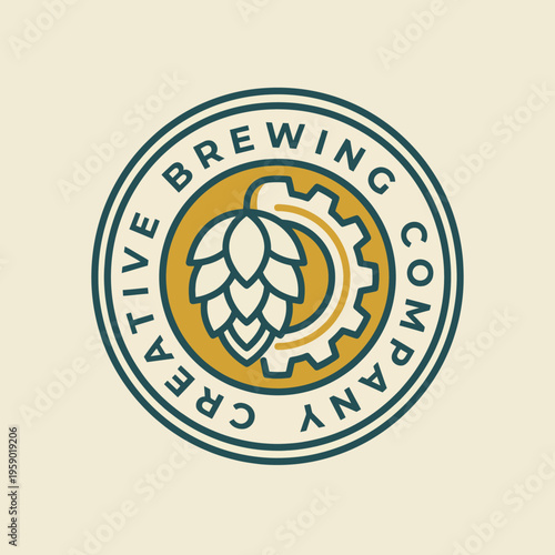Logo includes a hop cone and industrial gear, symbolizing quality craft brewing, showcasing the Creative Brewing Company as a brand dedicated to artistry and flavor.