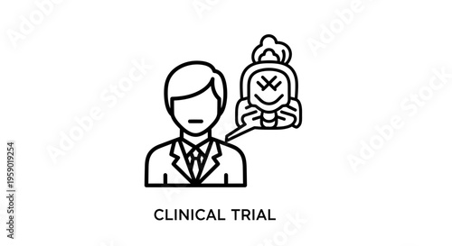 Doctor thinking about clinical trial, patient with cross eyes and smile icon