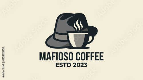 An artistic logo for Mafioso Coffee portraying a stylish hat and steaming coffee cup, encapsulating the vintage essence of a classic coffee shop experience.