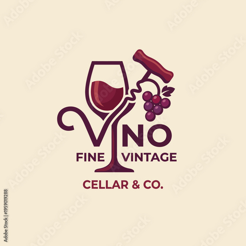 An elegant logo featuring a wine glass and corkscrew, beautifully encapsulating fine vintage vibes for brands focusing on wine culture and sophistication.