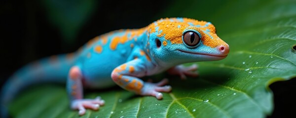 Macro photo shows bright blue and orange gecko on green leaf. Small reptile with detailed skin texture sits still. Water drops visible on plant surface.