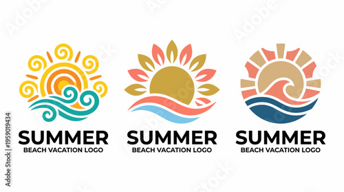 A bright collection of three summer-themed logos, each with unique sun and wave designs, perfect for promoting beach vacations and summer fun at coastal destinations.