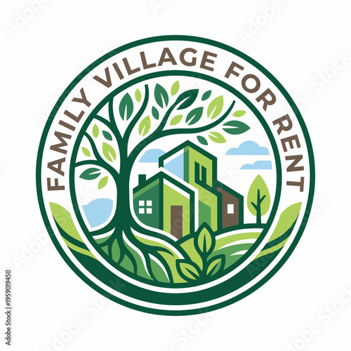 An inviting illustration of a family village with a prominent tree and houses, representing community living and rental opportunities in a serene and welcoming environment.