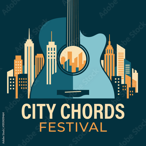 This artistic image combines a silhouette of a guitar with a city skyline, symbolizing the vibrant connection between urban life and the music festival culture.