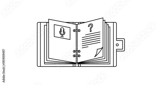 Open Notebook with Microphone Icon and Question Mark Symbol