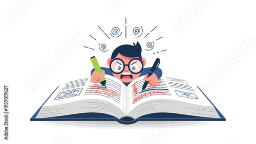 Stressed student marking textbook. Intense study, academic pressure, deadline, editing, learning struggle concept.