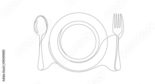 Minimalist Single Line Drawing of a Plate with Fork and Spoon, Ready for a Meal
