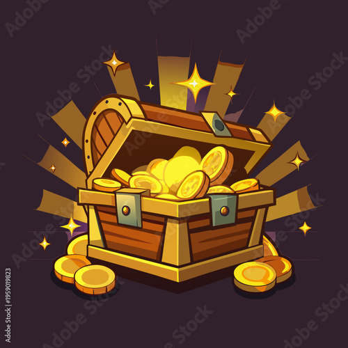 Treasure chest overflowing with gold coins and sparkling stars