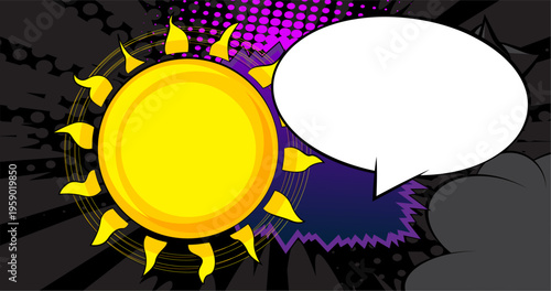 Cartoon Sun with blank speech bubble, comic book Summer background. Retro vector comics pop art design.