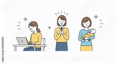 A woman with brown hair is depicted in three scenes working on a laptop praying with hands together and holding a sleeping baby.