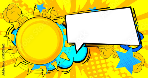 Cartoon Sun with blank speech bubble, comic book Summer background. Retro vector comics pop art design.