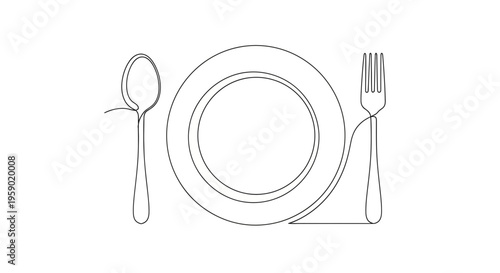 Minimalist Single Line Drawing of Plate, Fork, and Spoon - Ready to Eat