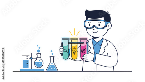 Smiling scientist character holding test tubes with idea, DNA, and solution symbols. Scientific research and innovation concept illustration.