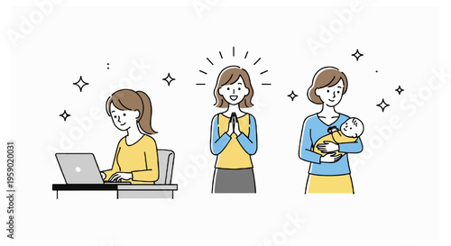 A woman with a ponytail is shown in three separate illustrations working on a laptop praying and holding a baby with sparkle icons.