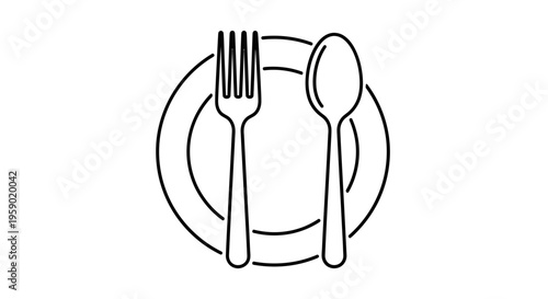 Minimalist Line Art Icon: Plate with Fork and Spoon, Ready for Dining