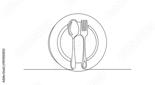 Minimalist Single Line Drawing: Plate with Spoon and Fork, Ready for a Meal