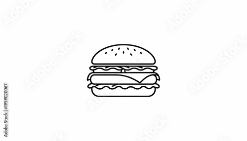 Minimalist line art illustration of a classic cheeseburger on a white background
