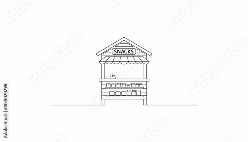 Minimalist Line Art of a Snack Kiosk with 'SNACKS' Sign