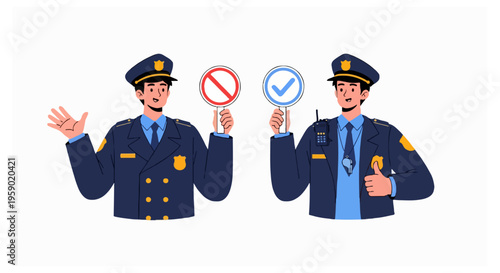 Two police officers in dark blue uniforms hold a red stop sign and a blue checkmark sign while standing on a white background.