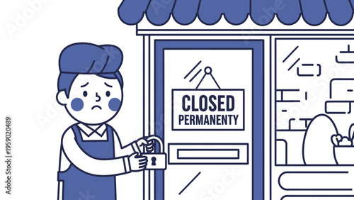 Distressed small business owner locks permanently closed shop door, representing economic hardship and business failure.