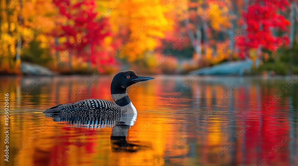 Fototapeta premium Loon Swimming in Autumn Reflections