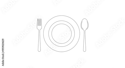 Minimalist Line Art: Plate, Fork, and Spoon Setting for a Meal