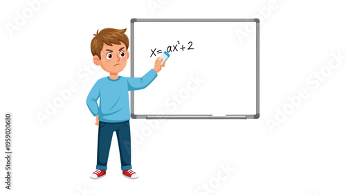 Young cartoon boy solving a math equation on a whiteboard, education and learning concept illustration.