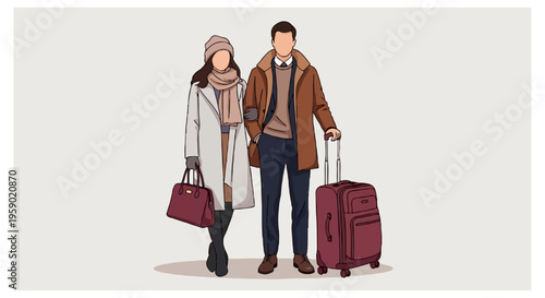 A man and woman in heavy winter coats and scarves stand together with a dark red handbag and a large rolling suitcase for travel.