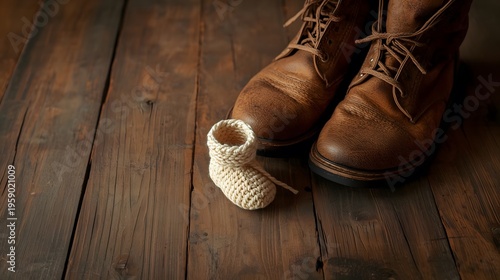 A tiny blue baby bootie sits next to a pair of large brown leather adult boots on a rustic wooden floor, representing growth and protection.