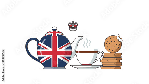 Illustration of a British flag teapot, cup of tea, and stack of biscuits with a crown on a white background.