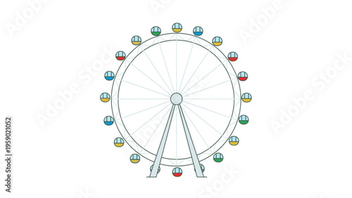 A simple line drawing of a Ferris wheel with colorful passenger cars on a white background.