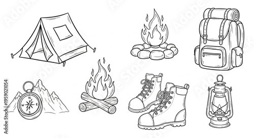 Camping Essentials - Tent, Fire, Backpack, Compass, Boots, and Lantern.