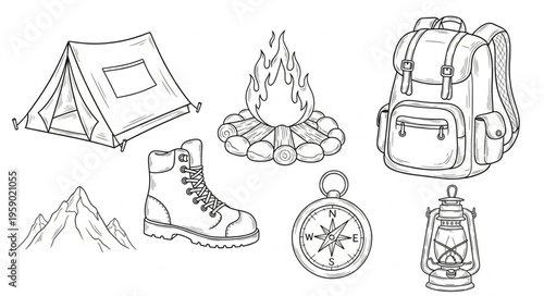Camping Essentials - Tent, Fire, Backpack, Boot, Compass, Lantern, Mountain.