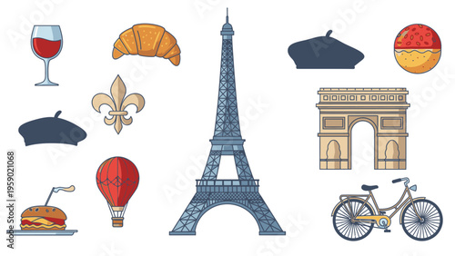 Collage of iconic Parisian symbols including Eiffel Tower, Arc de Triomphe, bicycle, food, and berets against a clean white background with a mix of colorful illustrations.