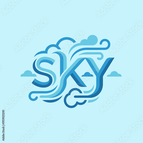 An artistic representation of clouds spiraling around the word 'SKY,' evoking feelings of freedom and tranquility. Suitable for themes related to nature and serenity.