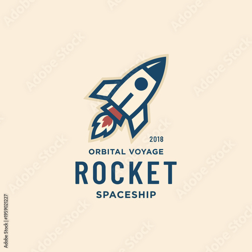 A playful logo depicting a rocket spaceship for Orbital Voyage, designed to evoke excitement about space travel and innovation, illustrated with a bold and whimsical style.