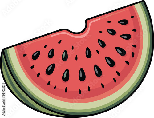 A juicy slice of watermelon with seeds fresh fruit vector on white background.