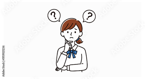 A young woman with brown hair in a ponytail wearing a white shirt and blue bow looking confused with question marks above her head.