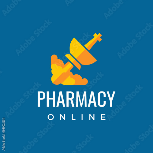A modern logo for Pharmacy Online, showcasing a mortar and pestle symbol with dynamic elements that represent health, care, and accessibility in a vibrant visual style.