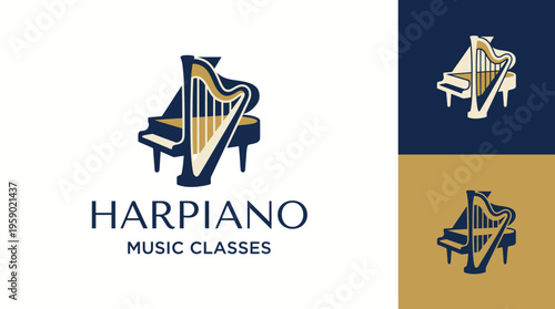 An elegant logo featuring a harp and piano, representing the beauty of music and harmony, perfect for attracting students to music classes with its sophisticated design.
