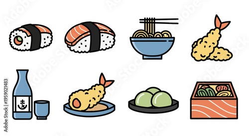 A variety of sushi and Japanese food.