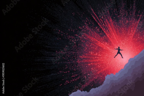 a boy falling into the universe, a huge red light spiking out from his body like an explosion