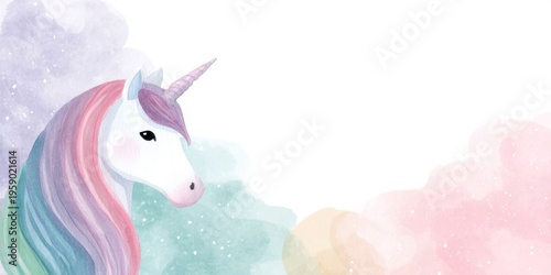 a cute unicorn with a rainbow mane, against a watercolor background with pastel colors and white space around the character.