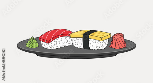 A plate of sushi with various pieces.